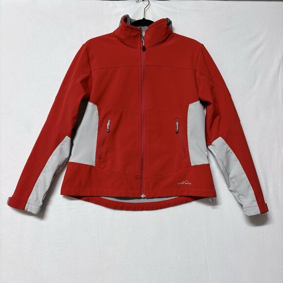 Y2K Eddie Bauer Soft‎ Shell Jacket Coat Women L Red Rain Hood Full Zip Vintage - Picture 1 of 14